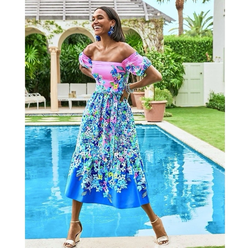 Lilly Pulitzer Zalie Midi Off Shoulder Dress Borealis Blue Social Sunset Floral